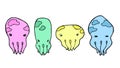 Vector illustration. Set of four octopuses of different colors and shapes.